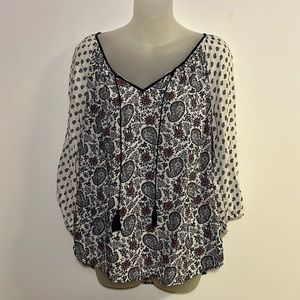 Fleur Bleue Boho Paisley Peasant Blouse Tassel Tie 3/4 Sleeve Top Size M